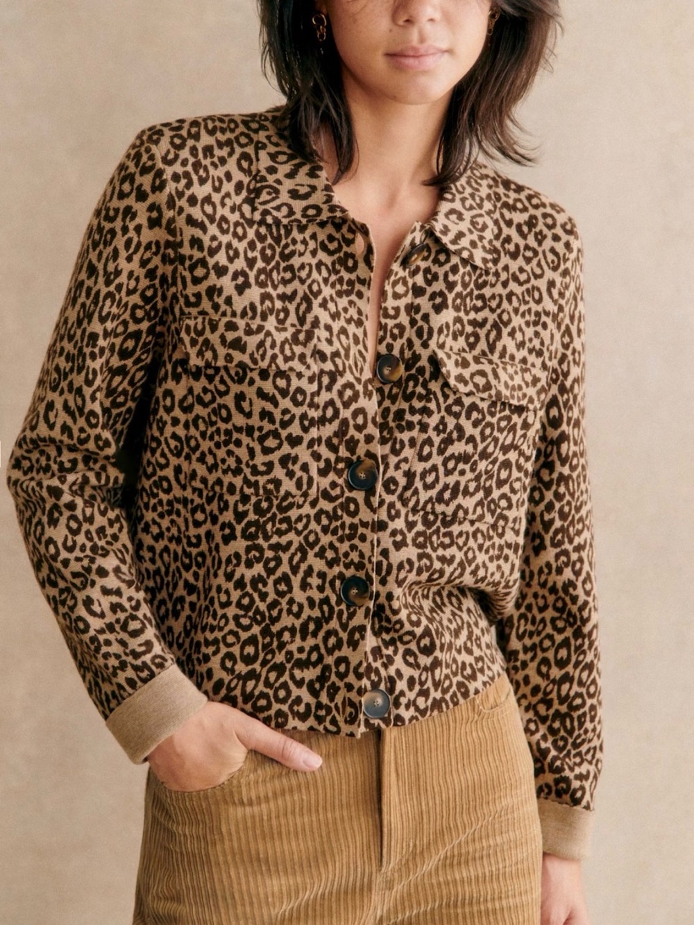 Sezane Leopard Print Brown Tan Knit Cropped Betty Cardigan Jacket